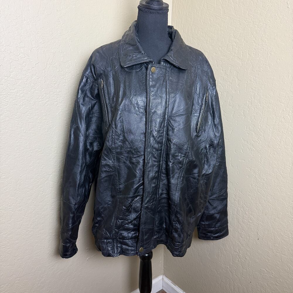 Italian Stone Design Genuine Leather Jacket Black Zip Snap Men’s XXL Coat